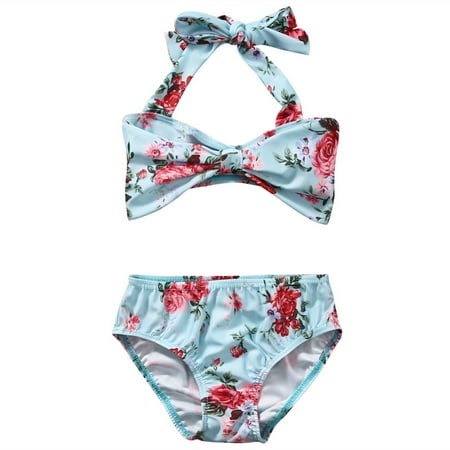 2Pcs Baby Girls Halter Bowknot Tube Top+Floral Short Bottoms Bikini Bathing Suit Swinwear Floral, 0-6Months